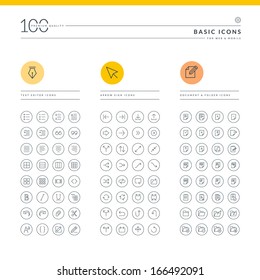 Set of basic icons for web and mobile. Icons for text editor, arrow sign, document and folder.    