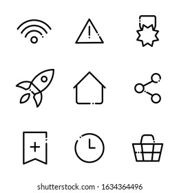 Set of Basic Interface Icons. Simple Vector line icons. Containing icons as wifi, attention, medal, rocket, home, share, bookmark, clock, cart. Editable Stroke. EPS 10