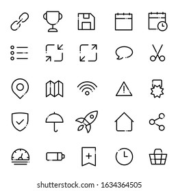 Set of Basic Interface Icons. Simple Vector line icons. Containing icons as link, award, save, calendar, list, expand, chat, cut, navigation, medal, approve, umbrella, rocket. Editable Stroke. EPS 10