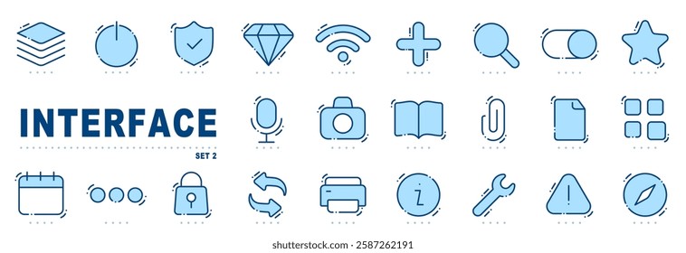 Set of basic interface related line icon. Calendar, search, star etc. Editable stroke. Set 2