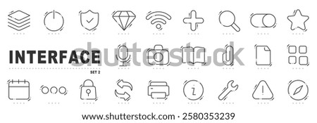 Set of basic interface related line icon. Calendar, search, star etc. Editable stroke. Set 2