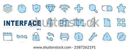 Set of basic interface related line icon. Calendar, search, star etc. Editable stroke. Set 2