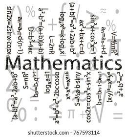 Set of basic mathematical formulas on the background of mathematical signs. In the center of the picture is the name "Mathematics", and vertically drawn formulas. Vector illustration