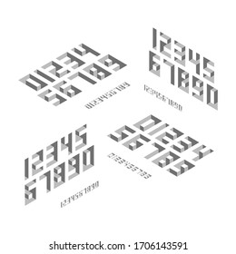 Set of basic numbers in isometric style with the effect of depth at different angles. Minimalistic flat design in shades of gray. 3D rendering.