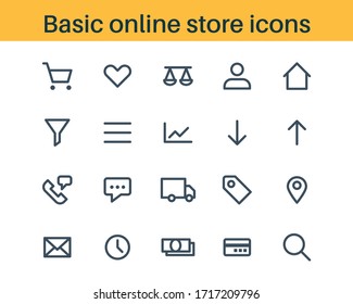 Set of basic outline icons for online store or shop. Line icons for internet store - cart, favorites, compare, catalog, sorting, contacts, delivery, payment by cash or credit cart, search. Vector sign