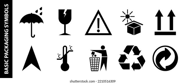 Set of basic packing symbol isolated on white background. Flat design. Vector illustration. Packing symbol for cardboard boxes. Recycled symbols.	