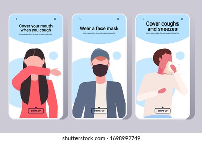 set basic protective measures against coronavirus protect yourself from 2019-nCoV healthcare concept important information guidance to stay healthy smartphone screens horizontal vector illustration
