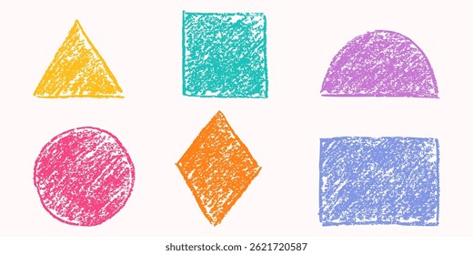 Set of basic shape with crayon pencil texture. Grunge modern geometric figure. Childish elements with charcoal texture in grunge style. Circle, triangle, square, rectangle, rhombus with crayon texture