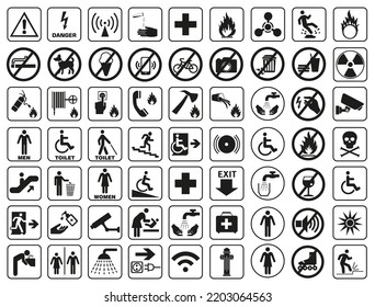 A set of basic signs that are used in public places. Black and white monochromatic signs on a white background.