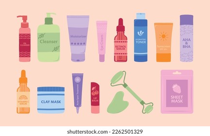 Conjunto de productos básicos para el cuidado de la piel para la rutina de cuidado de la piel. Colección de jarras y botellas de crema, loción, suero, limpiador, máscara, bálsamo, vectores de aceite de ilustración plana. 