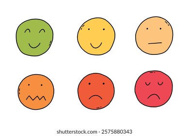 Set Basic Smile Unhappy Face. Collection Simple Emoji Character. Hand Drawn Vector Isolated Illustration