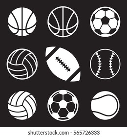 A set of basic sports balls over a black background. These icons include a football, a volleyball, a tennis ball, a volleyball, a basketball, and a soccerball.