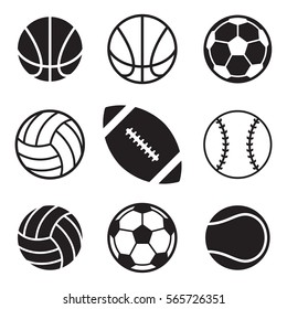 A set of basic sports balls over a white background. These icons include a football, a volleyball, a tennis ball, a volleyball, a basketball, and a soccerball.