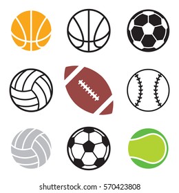 A set of basic sports balls over a white background. These icons include a football, a volleyball, a tennis ball, a volleyball, a basketball, and a soccer ball.