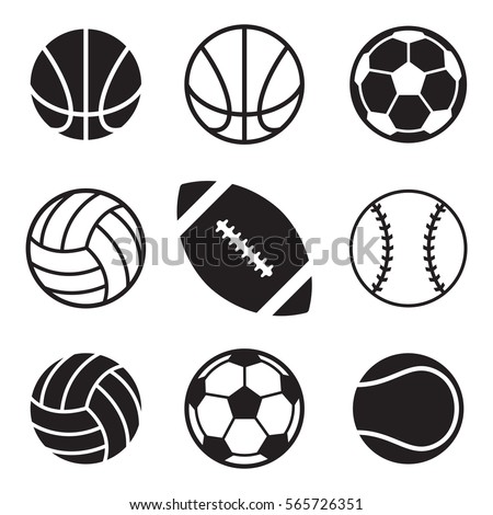 A set of basic sports balls over a white background. These icons include a football, a volleyball, a tennis ball, a volleyball, a basketball, and a soccerball.