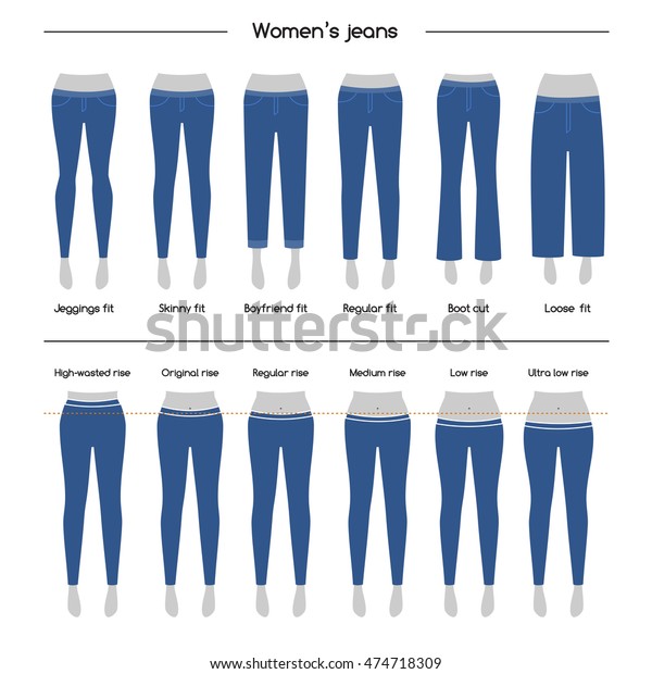 Set of basic types of women's jeans. Types of rises jeans. Silhouette ...
