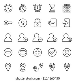 set of basic ui-ux icons, with simple line style, use for web, application, software design, user interface, user experience, user frendly, perfect pixel, startup, ecommerce web, time and date. 