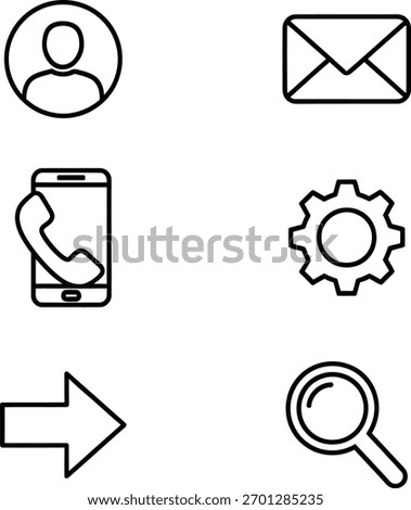 A set of basic user interface vector icons. Included are icons for profile, email, telephone, settings, arrow and search. The icons are simple, minimal and linear.