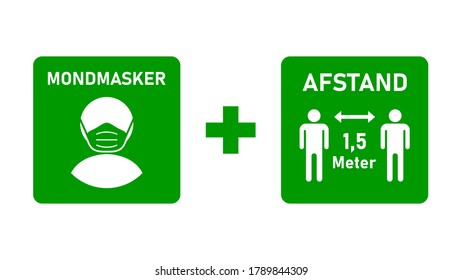 Set of Basic Warning Signs against the Spread of Coronavirus in Dutch including Mondmasker (Face Mask) and Afstand 1,5 Meter (Distance 1,5 Meters). Vector Image.