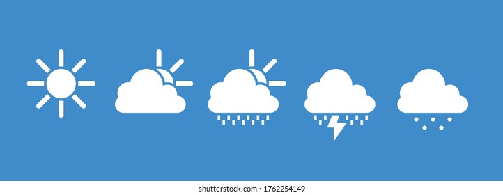 Set of basic weather icons, sun, cloud, storm, lightning, snow. White on blue vector illustration.