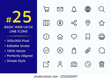 Set of basic web ux ui vector icons in line style design for website, app, ui, isolated on background. Editable stroke. EPS 10 vector illustration.