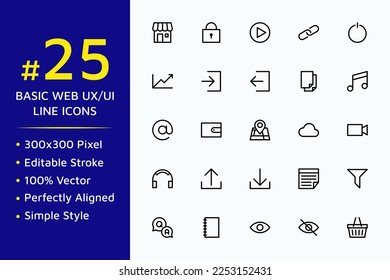 Set of basic web ux ui vector icons in line style design for website, app, ui, isolated on background. Editable stroke. EPS 10 vector illustration. Set 2.