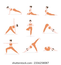 A set of basic yoga poses. A young girl is doing yoga. A collection of yoga poses isolated on a white background. Vector flat illustration