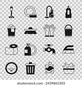 Set Basin with soap suds, Brush for cleaning, Bucket, Vacuum cleaner, foam,  and Rubber gloves icon. Vector