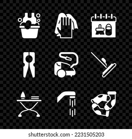 Set Basin with soap suds, Cleaning service, calendar, Iron and ironing board, Shower head, Socks, Clothes pin and Vacuum cleaner icon. Vector