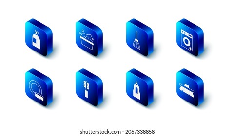 Set Basin with soap suds, Handle broom, Washer, Brush for cleaning, Dishwashing liquid bottle, Toilet brush, Washing dishes and  icon. Vector