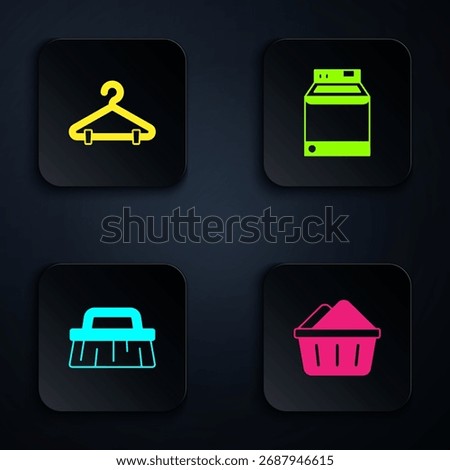Set Basin with soap suds, Hanger wardrobe, Brush for cleaning and Washer. Black square button. Vector