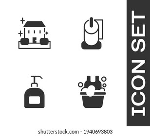 Set Basin with soap suds, Home cleaning service, Bottle of liquid and Toilet paper roll icon. Vector