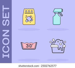 Set Basin with soap suds, Laundry detergent, Temperature wash and Water spray bottle icon. Vector