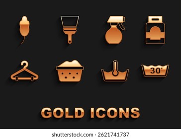 Set Basin with soap suds, Laundry detergent, Temperature wash, Hanger wardrobe, Water spray bottle, Feather and Rubber cleaner for windows icon. Vector