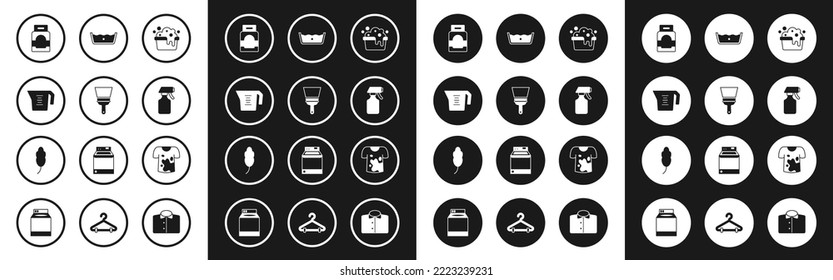 Set Basin with soap suds, Rubber cleaner for windows, Measuring cup, Laundry detergent, Water spray bottle, Temperature wash, Dirty t-shirt and Feather icon. Vector