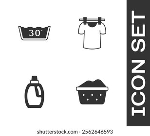 Set Basin with soap suds, Temperature wash, Bottle for cleaning agent and Drying clothes icon. Vector