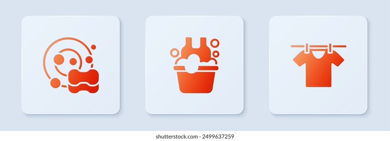Set Basin with soap suds, Washing dishes and Drying clothes. White square button. Vector