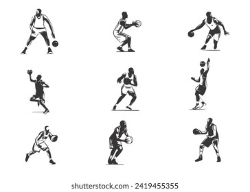 A set of basket ball player, sports, people,playing basket in various poses isolated vector silhouette on white background