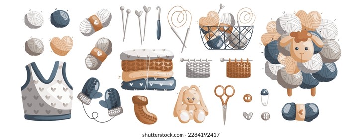 Juego de canasta con bolas de lana, agujas, gancho de crochet, tijeras, alfileres, ropa, conejo de juguete. Mancha de hilo. Herramientas, equipo de trabajo de punto, artesanía. Hobby.Estudio de punto.Vector