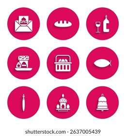 Set Basket with easter eggs, Easter cake and, Ringing bell, Christian fish, Paint brush, Wine bottle glass and Greeting card Happy icon. Vector