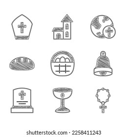 Set Basket with easter eggs, Christian chalice, Rosary beads religion, Church bell, Grave tombstone, bread, cross globe and Pope hat icon. Vector