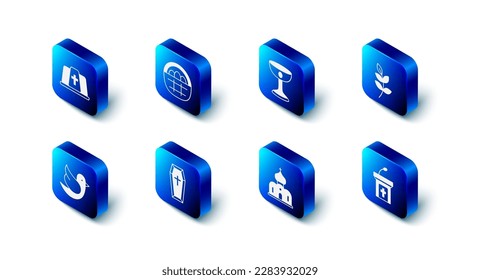Set Basket with easter eggs, Christian chalice, Willow leaf, Church sermon tribune, building, Coffin, Dove and Pope hat icon. Vector