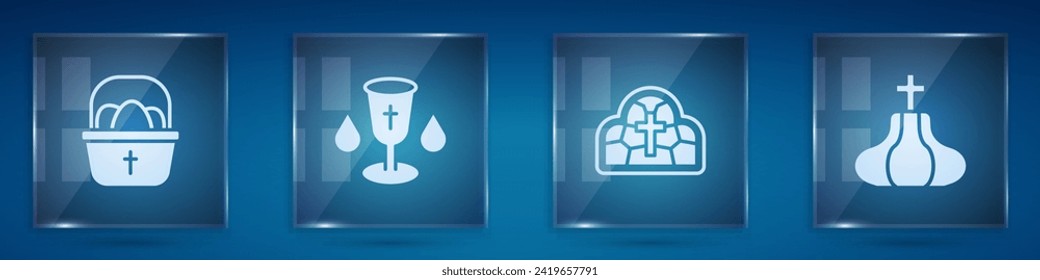 Set Basket with easter eggs, Christian chalice, Stained glass and Church tower. Square glass panels. Vector