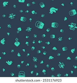 Set Basket with easter eggs, Dove, Religious cross in heart and Christian on seamless pattern. Vector