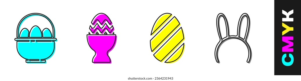 Set Basket with easter eggs, Easter egg on a stand, Easter egg and Mask with long bunny ears icon. Vector
