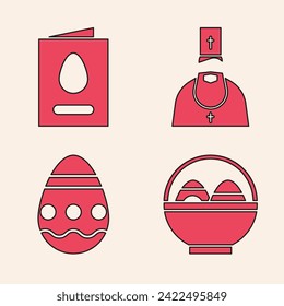 Set Basket with easter eggs, Greeting card with Happy Easter, Priest and Easter egg icon. Vector