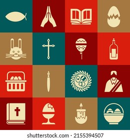 Set Basket with easter eggs, Jesus Christ, Bottle of wine, Holy bible book, Christian cross, Easter rabbit, fish and Balloons ribbon icon. Vector