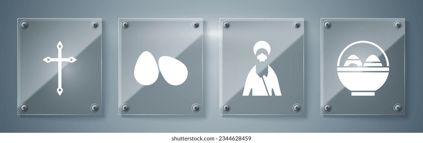 Set Basket with easter eggs, Jesus Christ, Easter eggs and Christian cross. Square glass panels. Vector