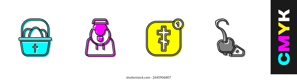 Set Basket with easter eggs, Monk, Online church pastor preaching and Magic staff icon. Vector