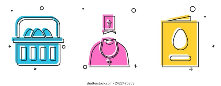 Set Basket with easter eggs, Priest and Greeting card with Happy Easter icon. Vector